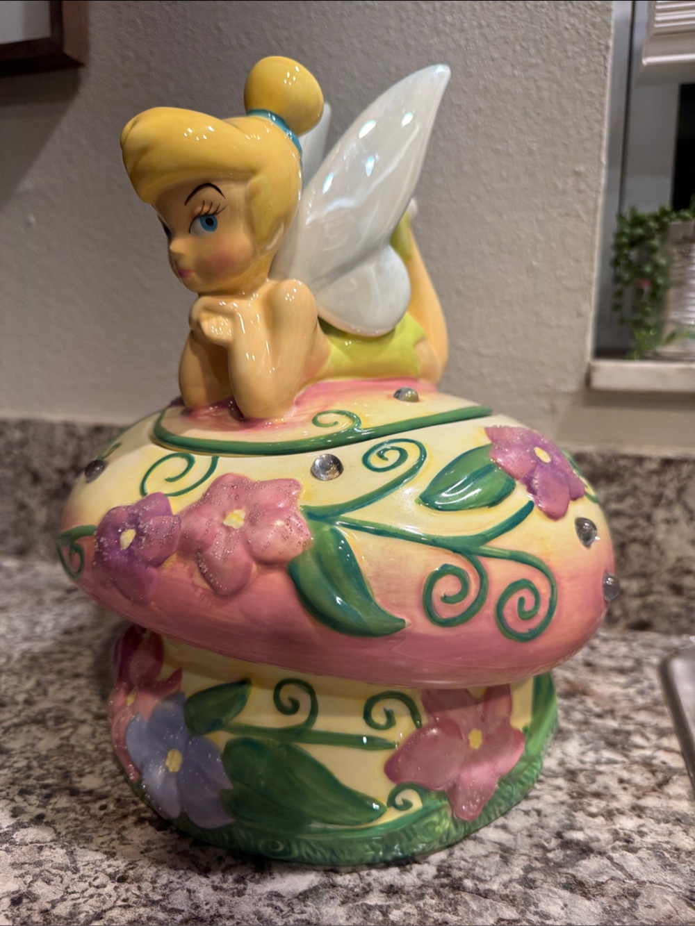 Disney Antique tinkerbell on mushroom with flowers and sparkles cookie jar